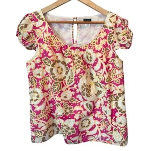 J.Crew Womens Floral Puff Sleeve Cotton Blouse Pink Yellow Size 12 Tropical